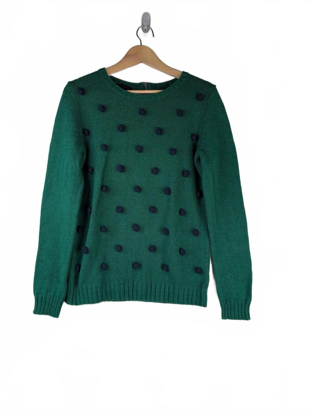Talbots Kelly Green Crewneck Sweater with Navy Blue Pom-Poms, Size Small